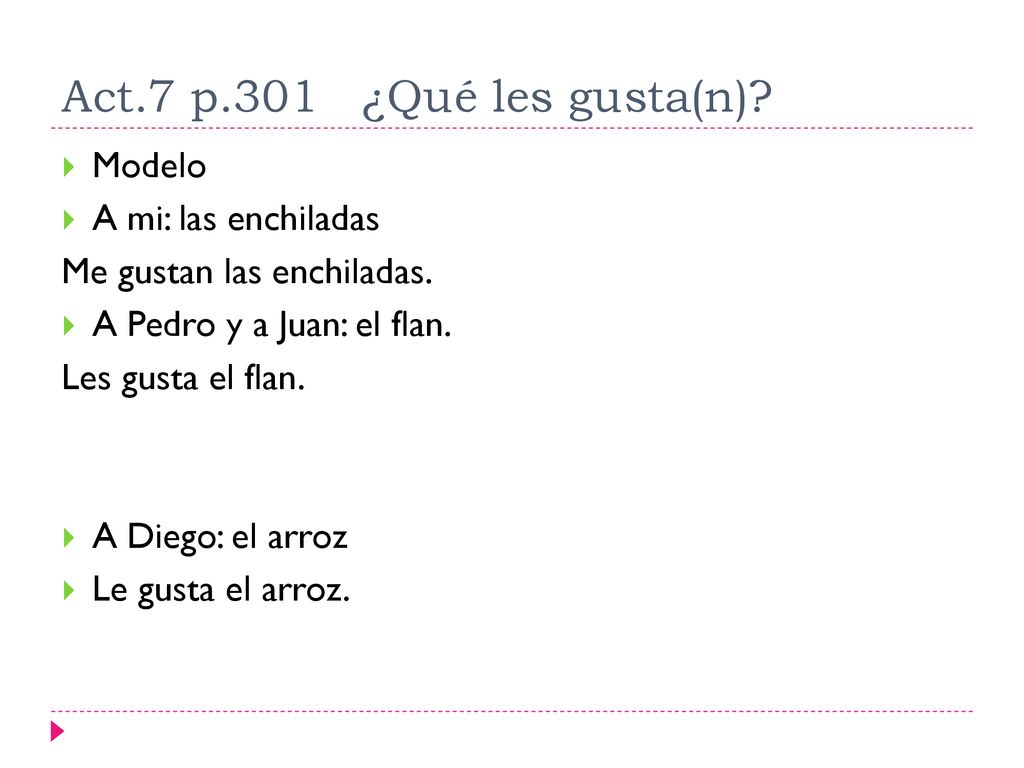 Act.7 p.301 ¿Qué les gusta(n) Modelo A mi: las enchiladas