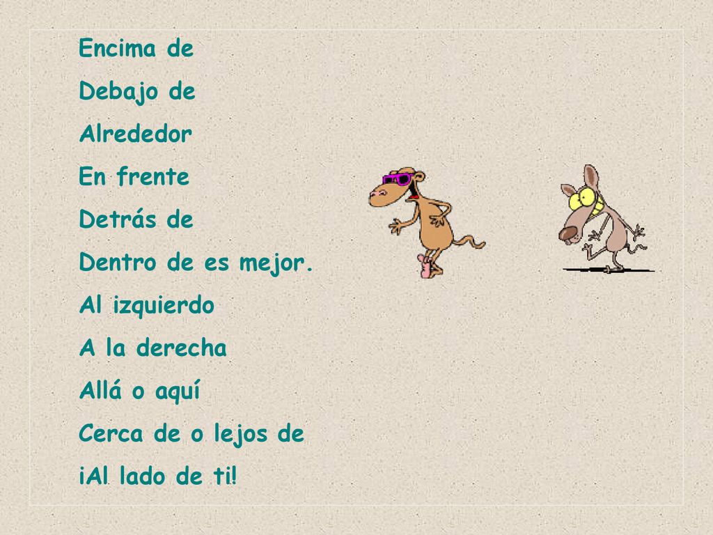 Encima de Debajo de. Alrededor. En frente. Detrás de. Dentro de es mejor. Al izquierdo. A la derecha.
