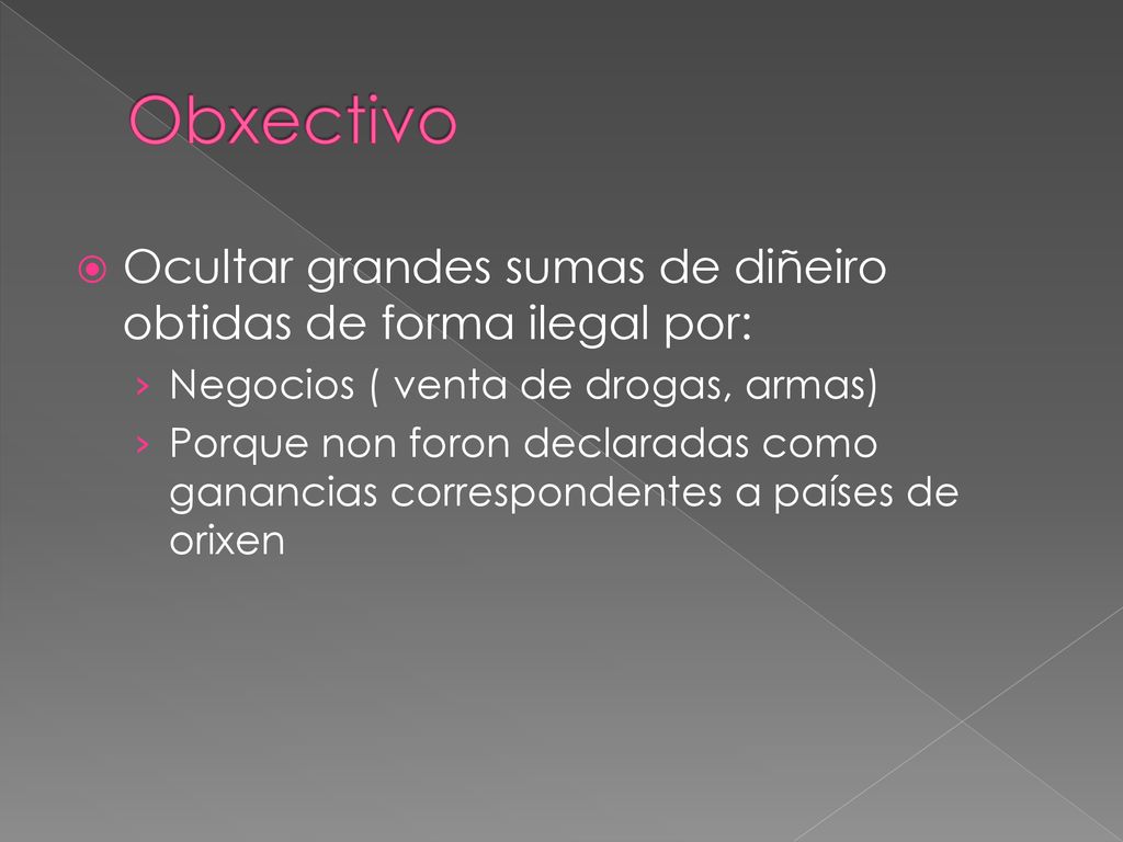 Obxectivo Ocultar grandes sumas de diñeiro obtidas de forma ilegal por: Negocios ( venta de drogas, armas)