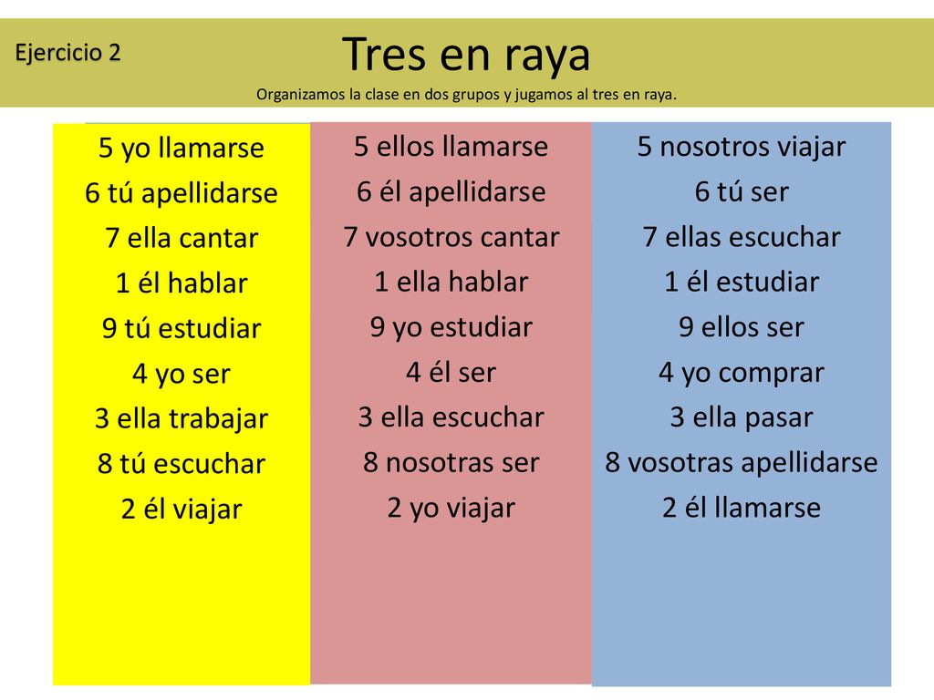 Ejercicio 2 Tres en raya Organizamos la clase en dos grupos y jugamos al tres en raya. 5 yo llamarse.