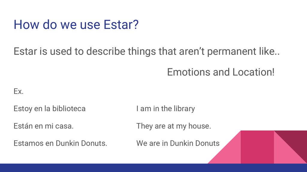 How do we use Estar Estar is used to describe things that aren’t permanent like.. Emotions and Location!