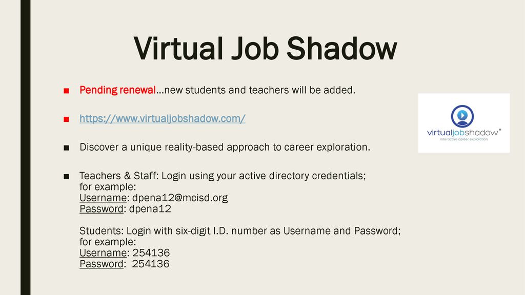 Virtual Job Shadow Pending renewal...new students and teachers will be added.