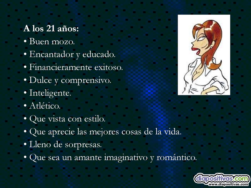 A los 21 años: Buen mozo. Encantador y educado. Financieramente exitoso. Dulce y comprensivo. Inteligente.