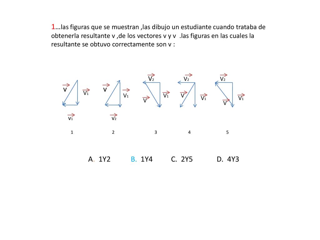 1…las figuras que se muestran ,las dibujo un estudiante cuando trataba de obtenerla resultante v ,de los vectores v y v .las figuras en las cuales la resultante se obtuvo correctamente son v :