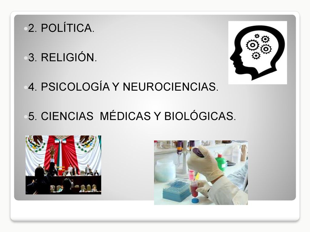 2. POLÍTICA. 3. RELIGIÓN. 4. PSICOLOGÍA Y NEUROCIENCIAS. 5. CIENCIAS MÉDICAS Y BIOLÓGICAS.