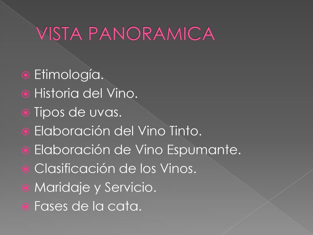 VISTA PANORAMICA Etimología. Historia del Vino. Tipos de uvas.