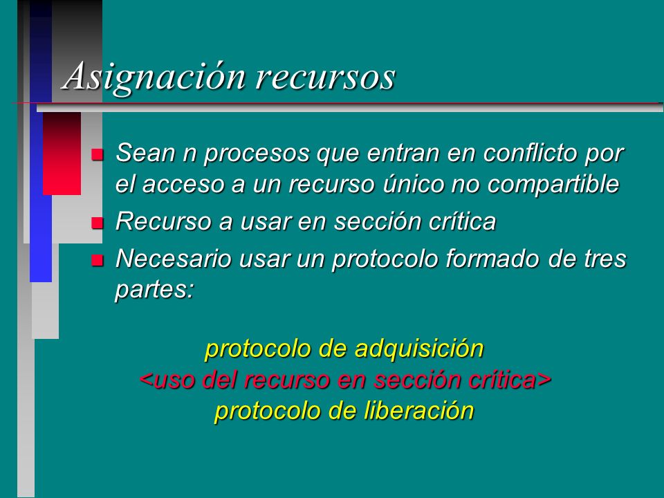 Asignación recursos Sean n procesos que entran en conflicto por el acceso a un recurso único no compartible.