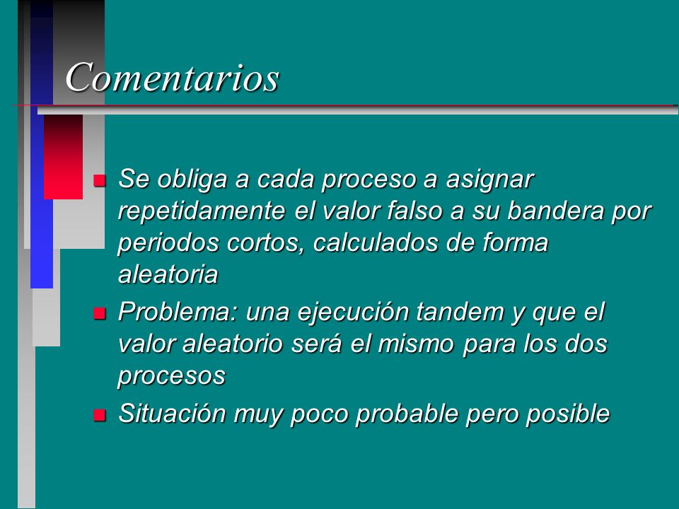 Comentarios Se obliga a cada proceso a asignar repetidamente el valor falso a su bandera por periodos cortos, calculados de forma aleatoria.