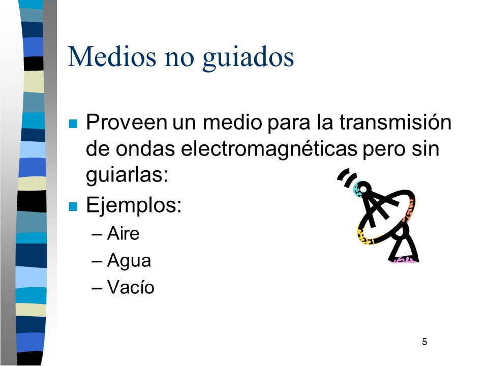 Medios no guiados Proveen un medio para la transmisión de ondas electromagnéticas pero sin guiarlas: