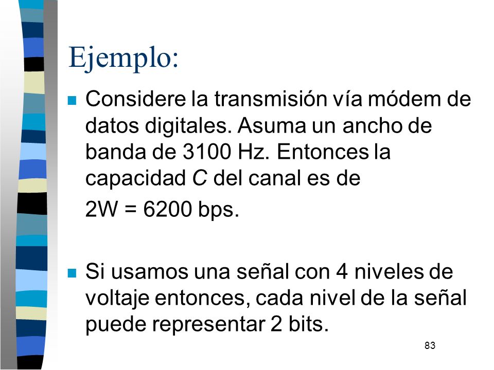 Ejemplo: Considere la transmisión vía módem de datos digitales. Asuma un ancho de banda de 3100 Hz. Entonces la capacidad C del canal es de.