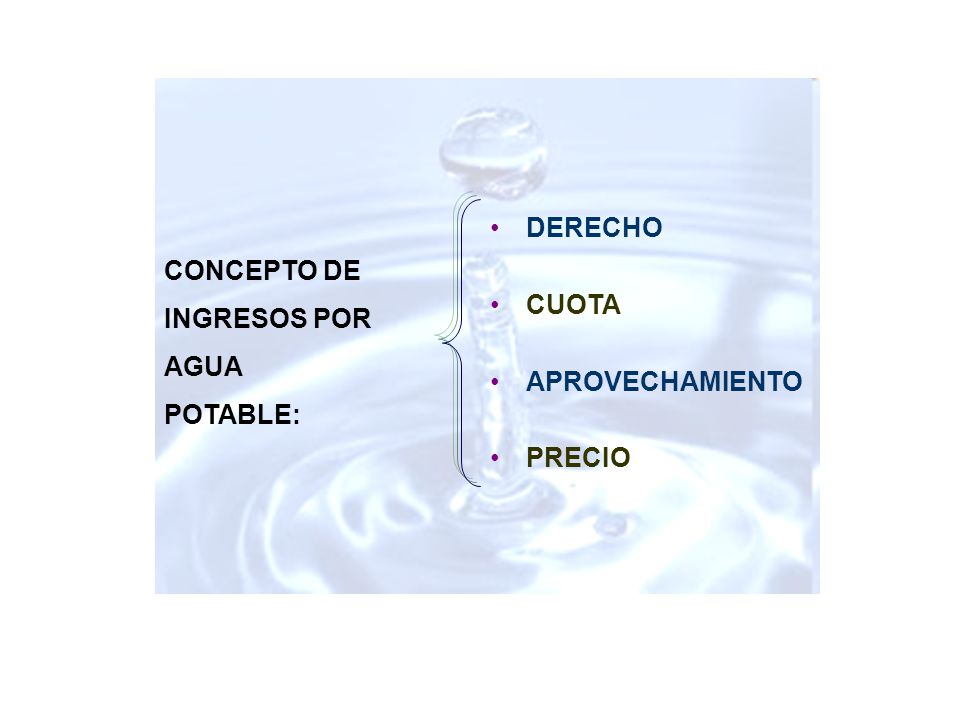 DERECHO CUOTA APROVECHAMIENTO PRECIO CONCEPTO DE INGRESOS POR AGUA POTABLE: