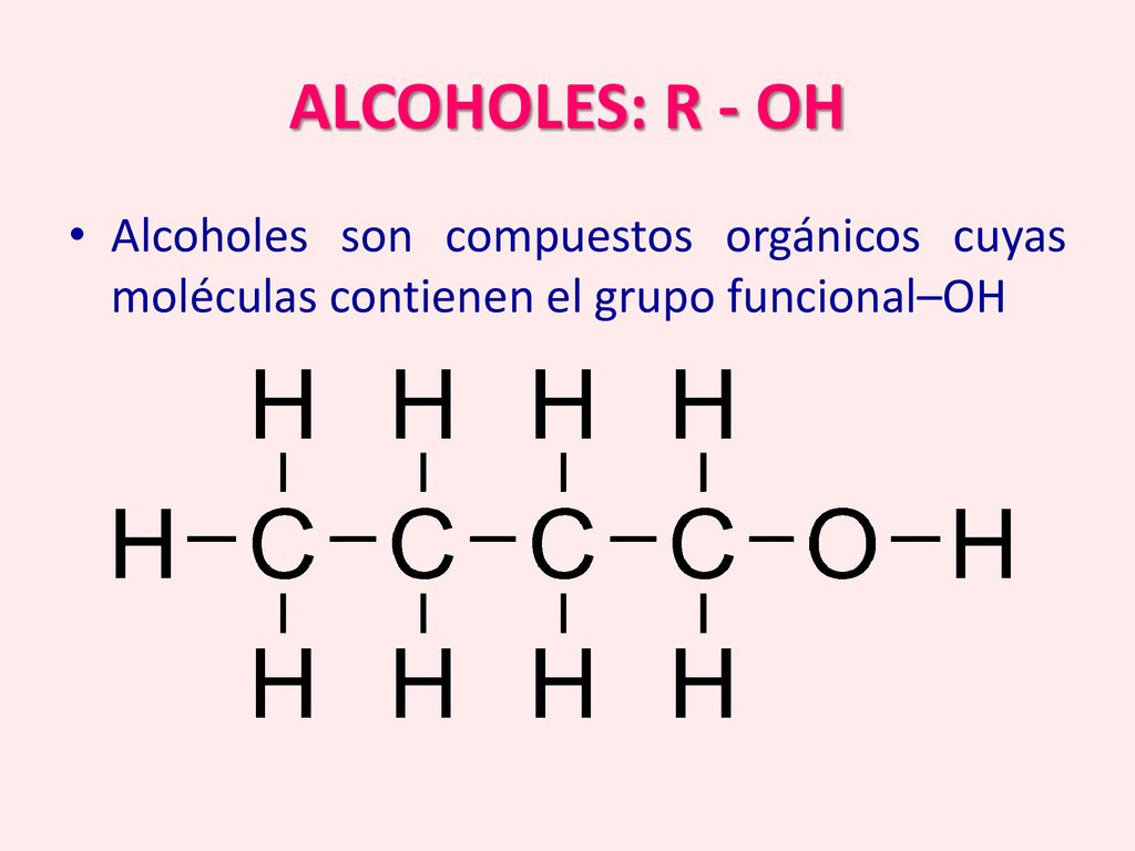 ALCOHOLES: R - OH Alcoholes son compuestos orgánicos cuyas moléculas contienen el grupo funcional–OH.