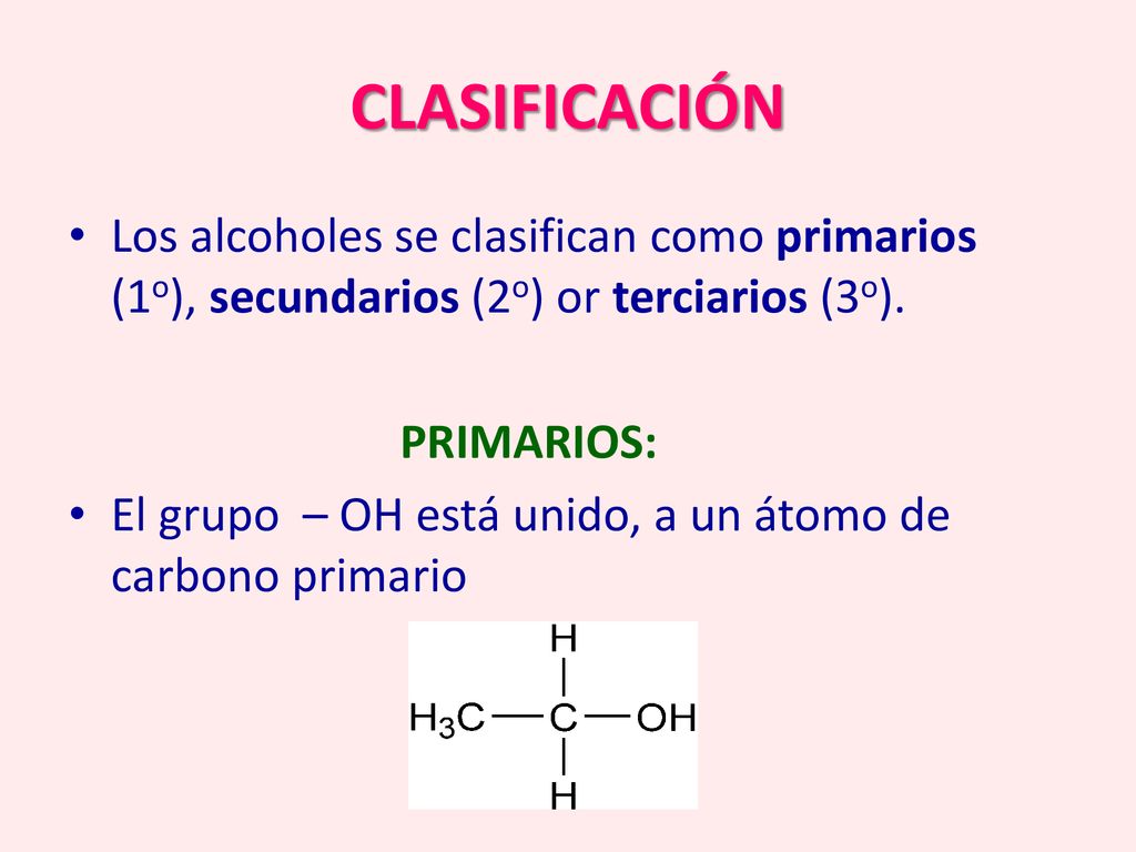 CLASIFICACIÓN Los alcoholes se clasifican como primarios (1o), secundarios (2o) or terciarios (3o).