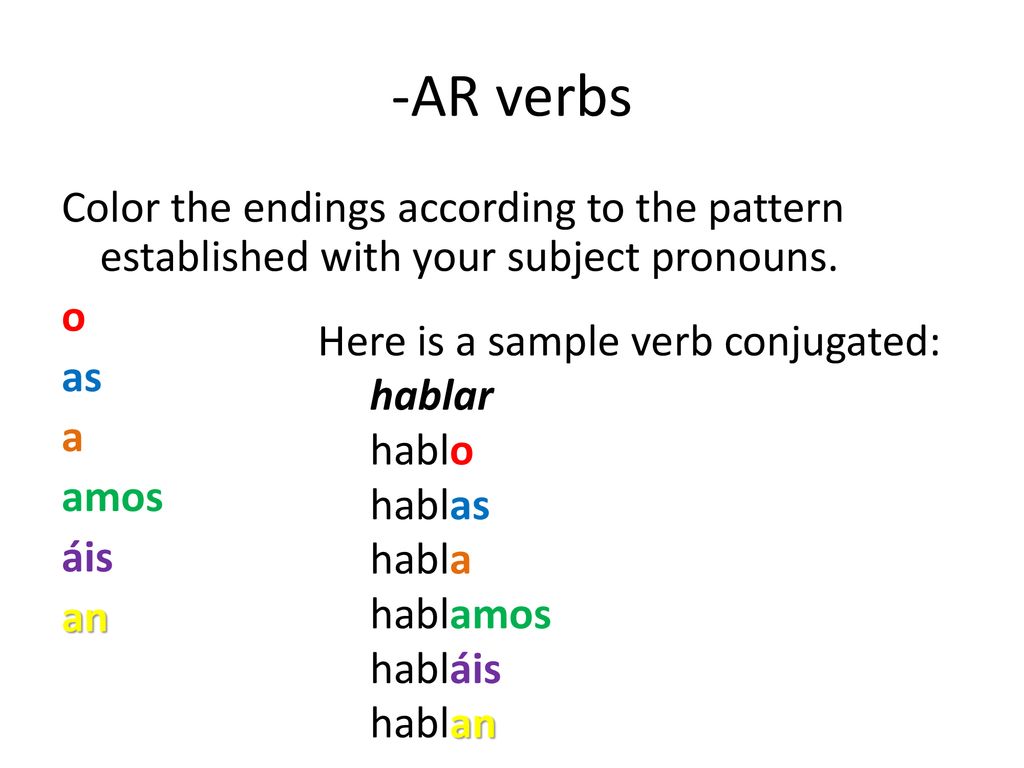 -AR verbs Color the endings according to the pattern established with your subject pronouns. o as a amos áis an