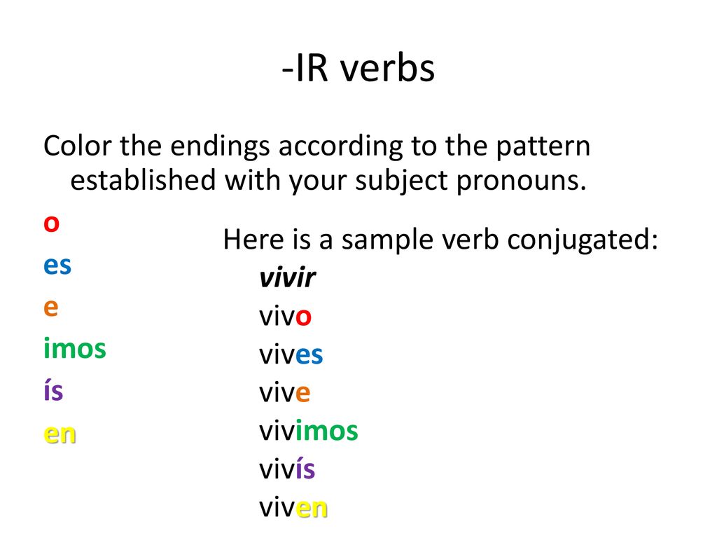 -IR verbs Color the endings according to the pattern established with your subject pronouns. o es e imos ís en