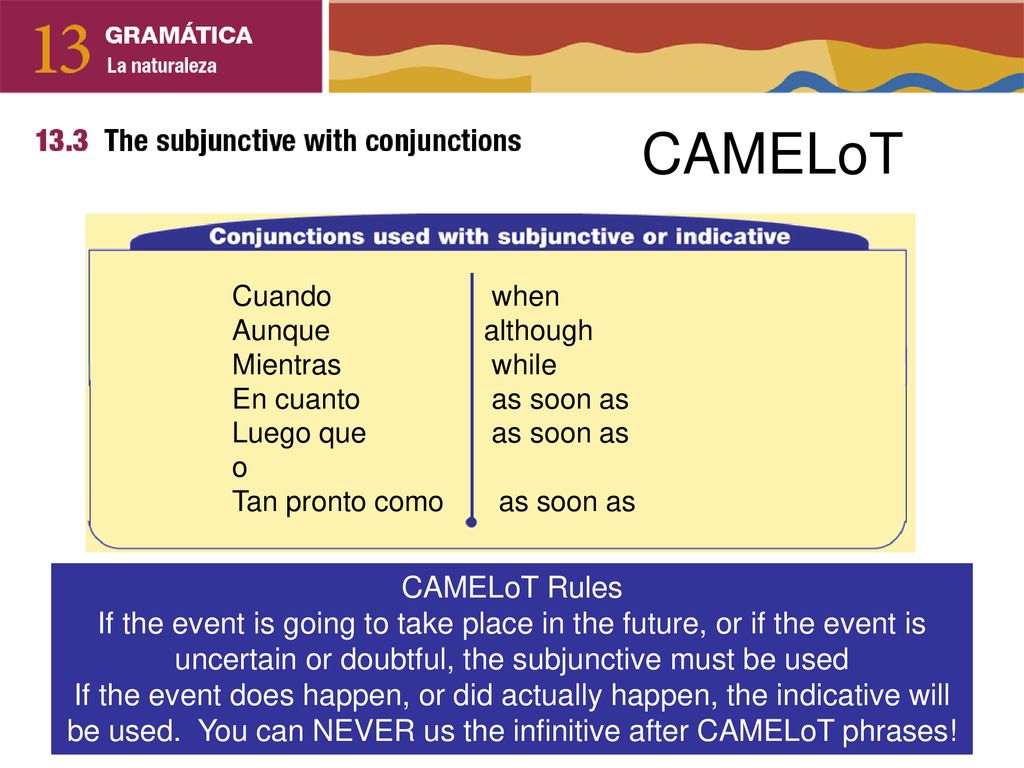 CAMELoT Cuando when. Aunque although. Mientras while. En cuanto as soon as.