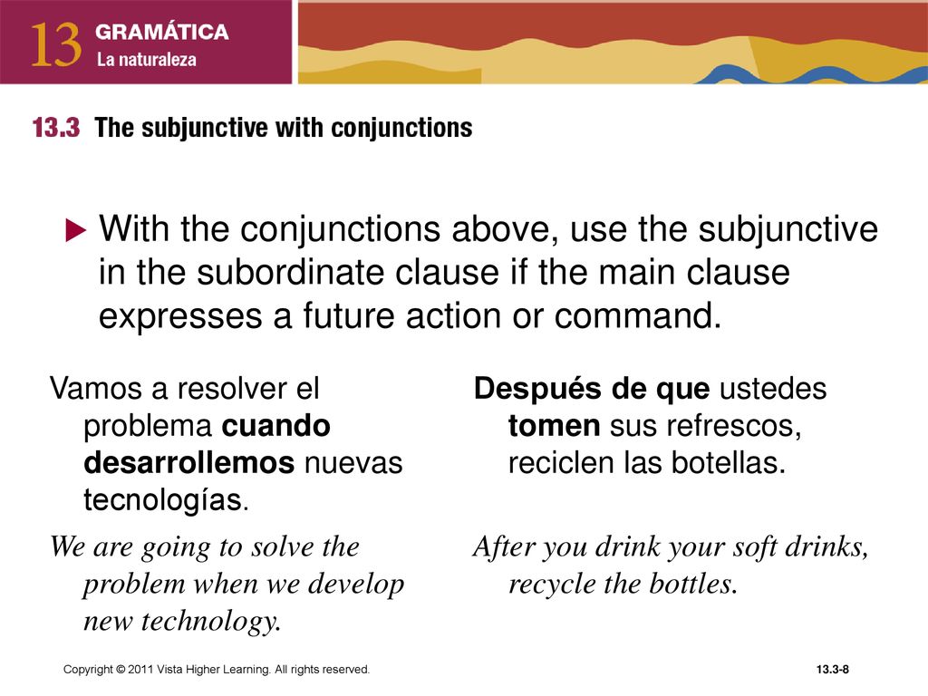 With the conjunctions above, use the subjunctive in the subordinate clause if the main clause expresses a future action or command.
