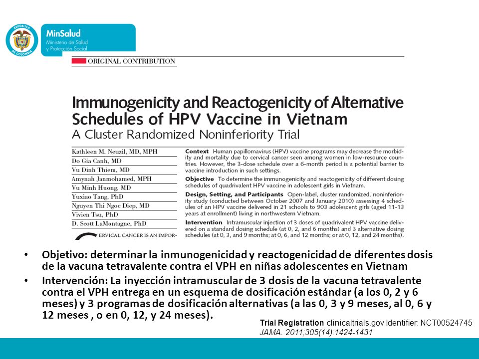 Objetivo: determinar la inmunogenicidad y reactogenicidad de diferentes dosis de la vacuna tetravalente contra el VPH en niñas adolescentes en Vietnam