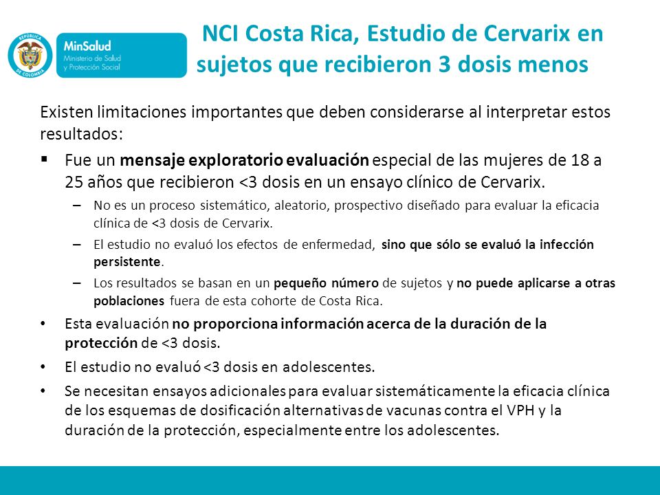 NCI Costa Rica, Estudio de Cervarix en sujetos que recibieron 3 dosis menos