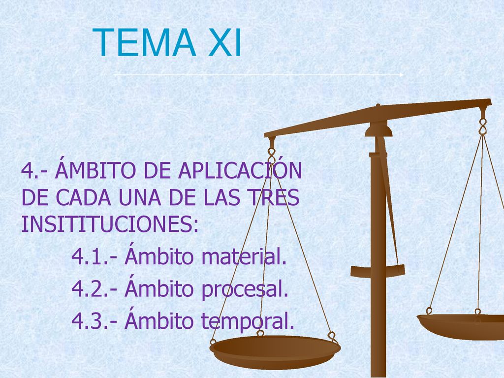TEMA XI 4.- ÁMBITO DE APLICACIÓN DE CADA UNA DE LAS TRES INSITITUCIONES: Ámbito material Ámbito procesal.