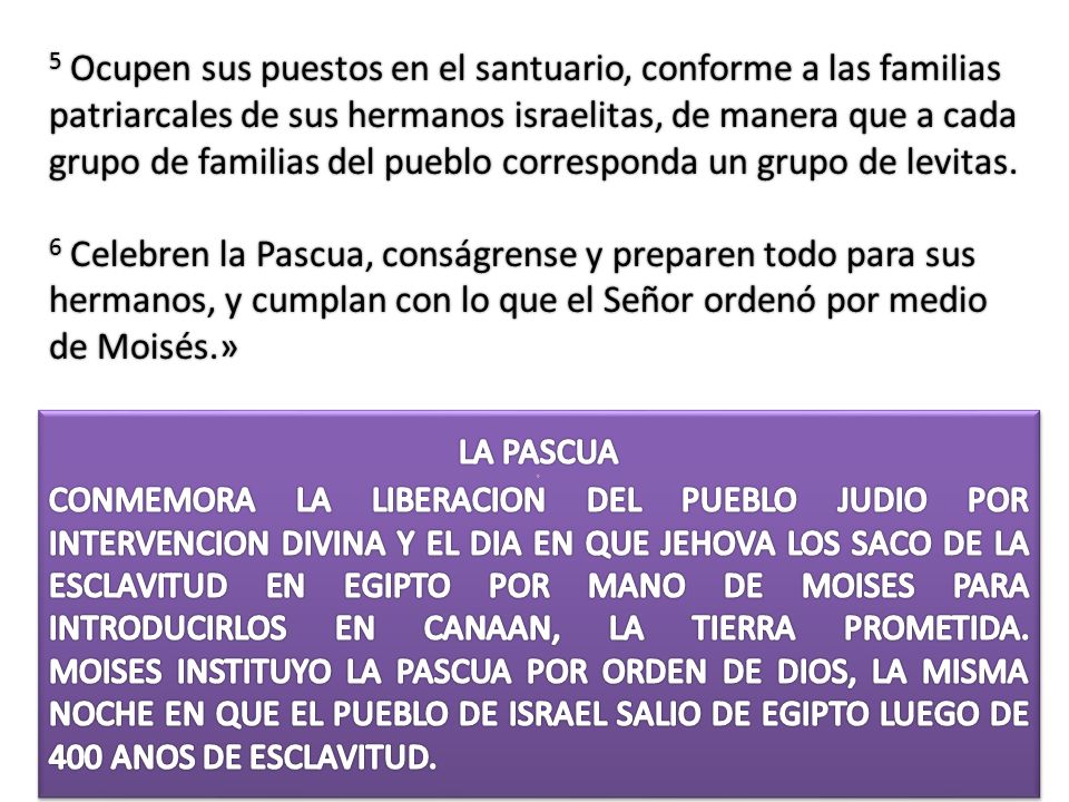 5 Ocupen sus puestos en el santuario, conforme a las familias patriarcales de sus hermanos israelitas, de manera que a cada grupo de familias del pueblo corresponda un grupo de levitas.