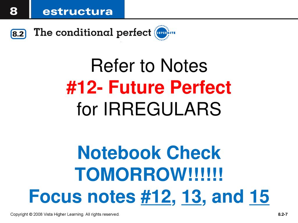 Refer to Notes #12- Future Perfect for IRREGULARS Notebook Check TOMORROW!!!!!! Focus notes #12, 13, and 15