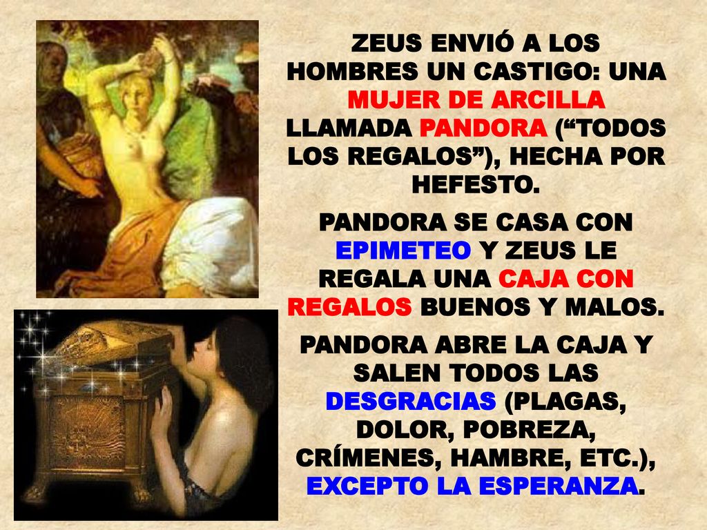 ZEUS ENVIÓ A LOS HOMBRES UN CASTIGO: UNA MUJER DE ARCILLA LLAMADA PANDORA ( TODOS LOS REGALOS ), HECHA POR HEFESTO.