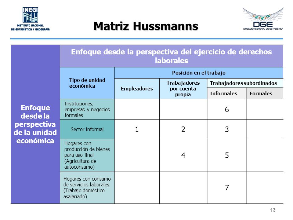 Matriz Hussmanns Enfoque desde la perspectiva de la unidad económica. Enfoque desde la perspectiva del ejercicio de derechos laborales.
