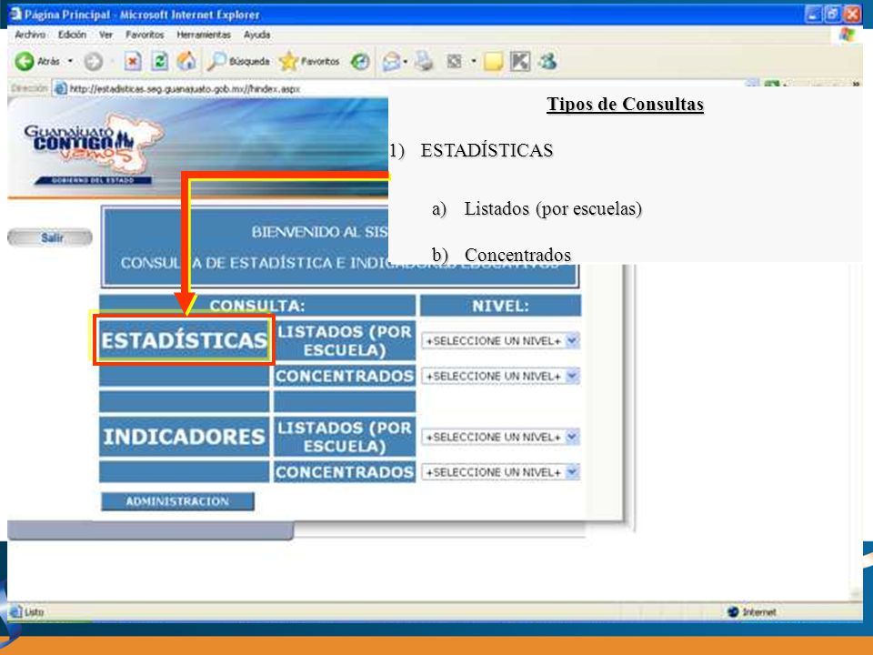 Tipos de Consultas ESTADÍSTICAS Listados (por escuelas) Concentrados