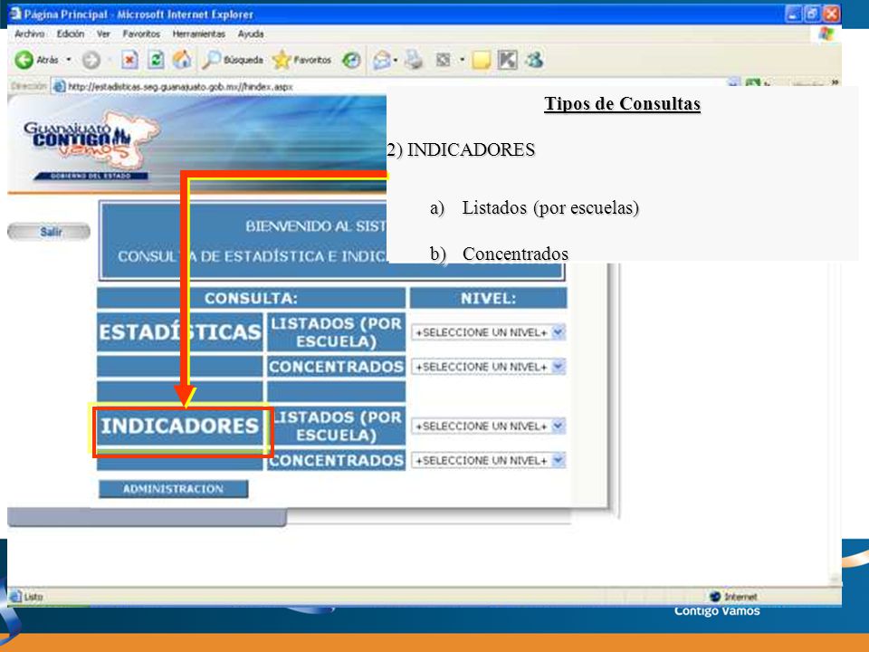 Tipos de Consultas 2) INDICADORES Listados (por escuelas) Concentrados