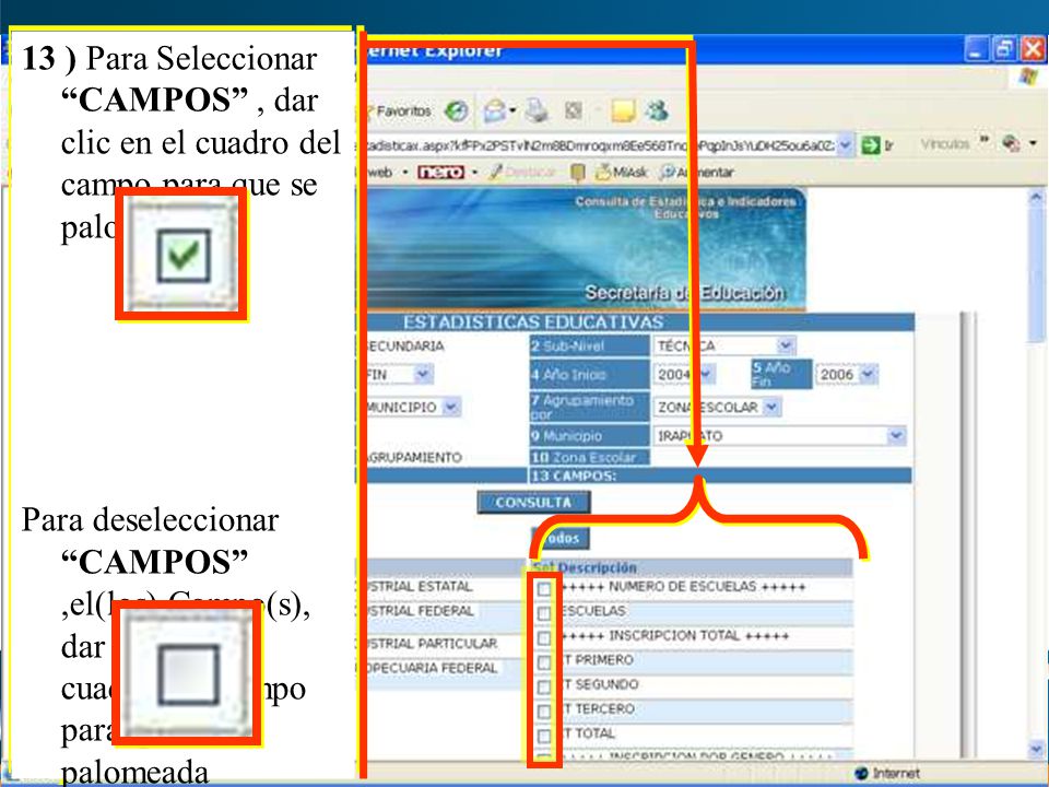 13 ) Para Seleccionar CAMPOS , dar clic en el cuadro del campo para que se palomee