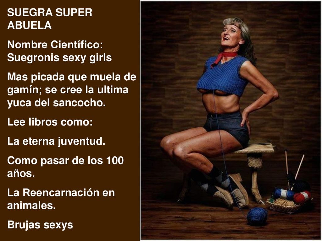 SUEGRA SUPER ABUELA Nombre Científico: Suegronis sexy girls. Mas picada que muela de gamín; se cree la ultima yuca del sancocho.