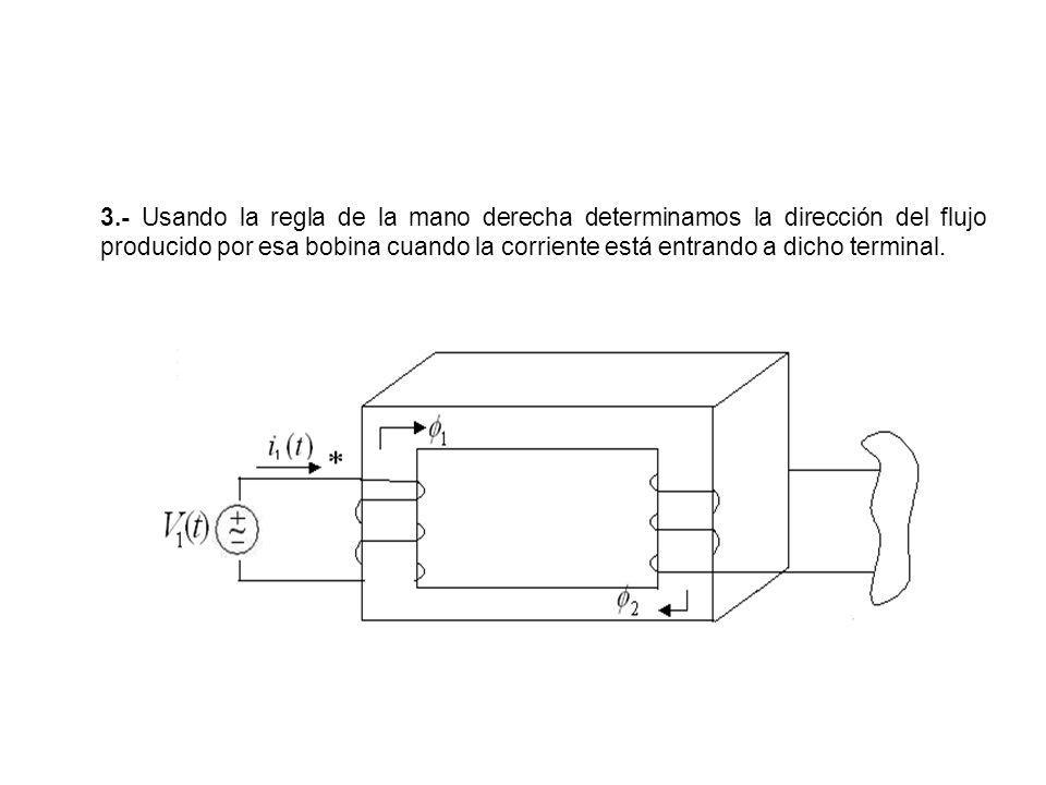 3.- Usando la regla de la mano derecha determinamos la dirección del flujo producido por esa bobina cuando la corriente está entrando a dicho terminal.
