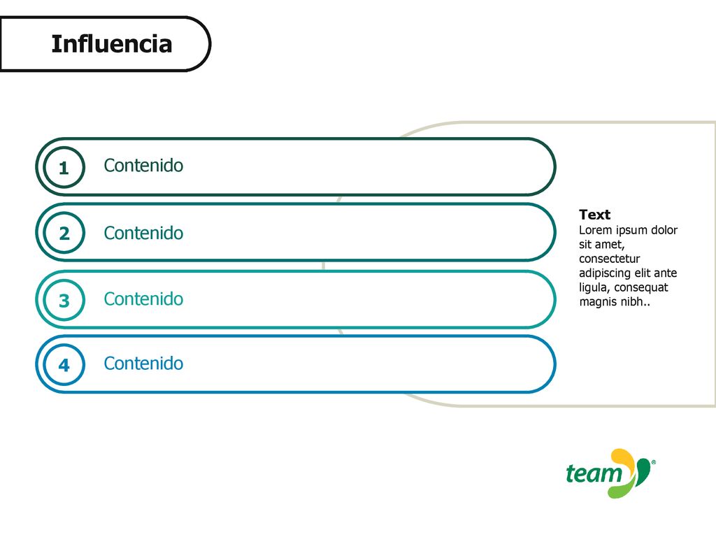 Influencia 1 Contenido 2 Contenido 3 Contenido 4 Contenido Text