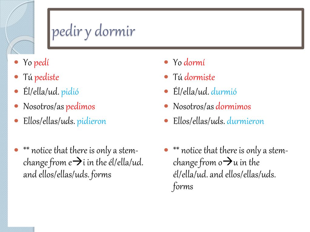 pedir y dormir Yo pedí Tú pediste Él/ella/ud. pidió