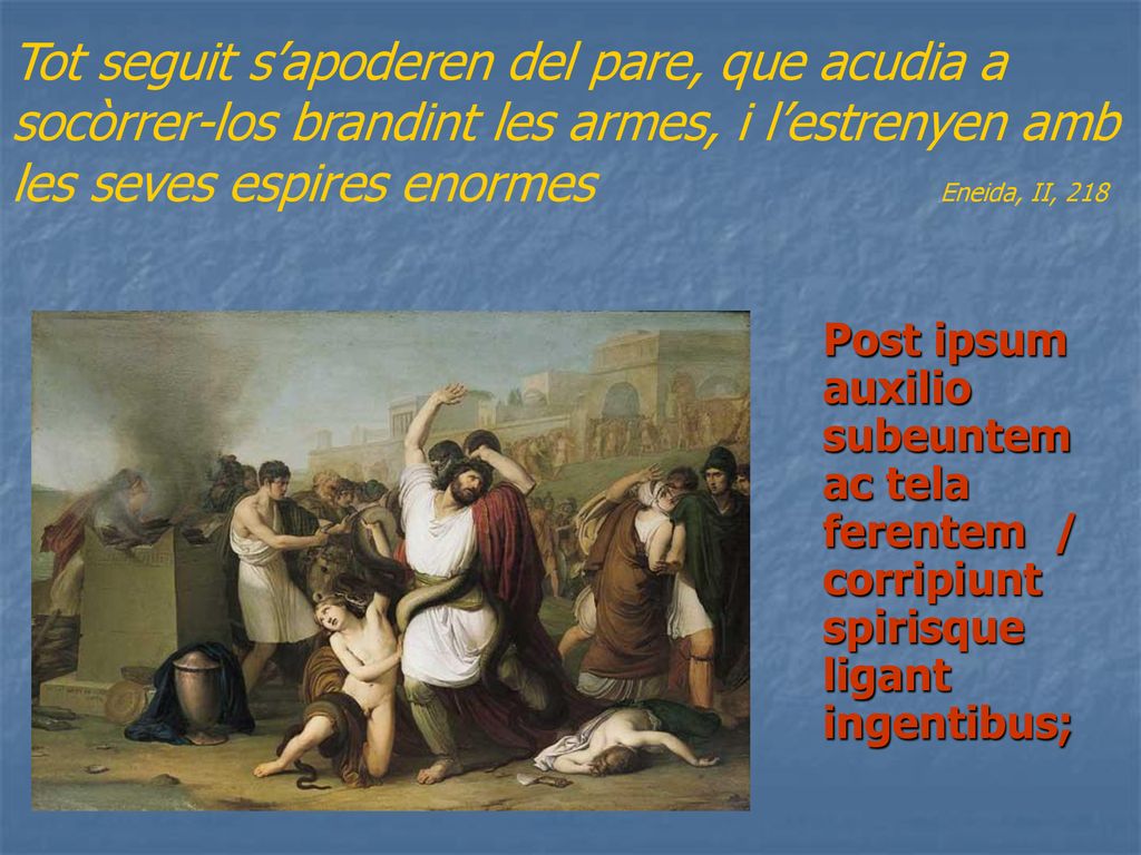 Tot seguit s’apoderen del pare, que acudia a socòrrer-los brandint les armes, i l’estrenyen amb les seves espires enormes Eneida, II, 218