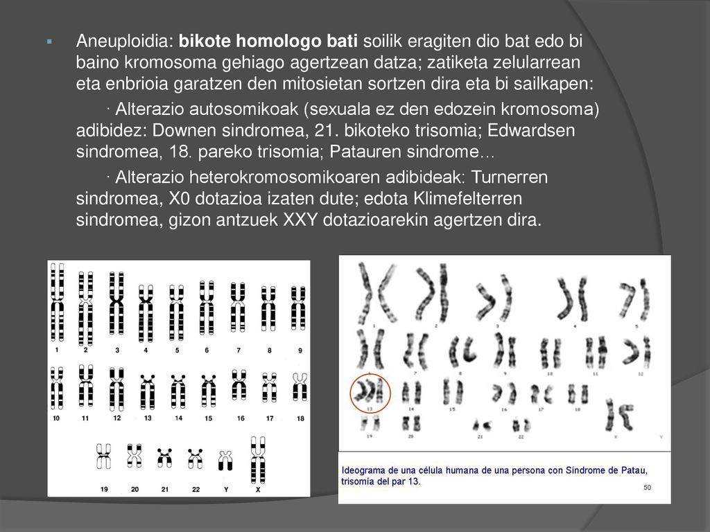Aneuploidia: bikote homologo bati soilik eragiten dio bat edo bi baino kromosoma gehiago agertzean datza; zatiketa zelularrean eta enbrioia garatzen den mitosietan sortzen dira eta bi sailkapen: