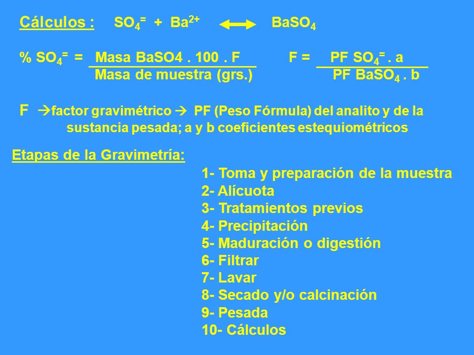 Cálculos :. SO4= + Ba2+ BaSO4 % SO4= = Masa BaSO F F = PF SO4=