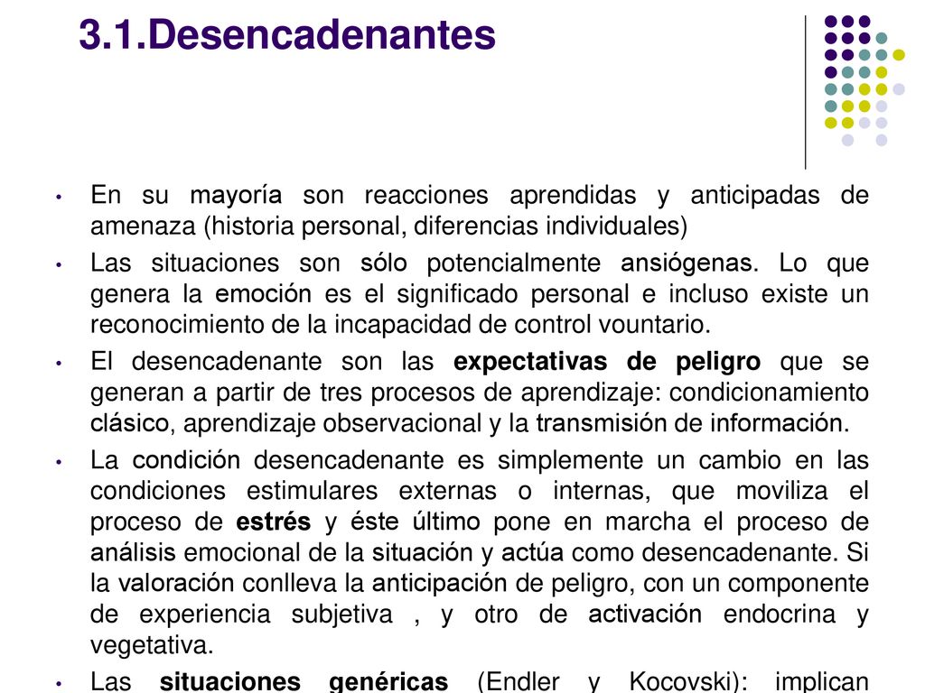 3.1.Desencadenantes En su mayoría son reacciones aprendidas y anticipadas de amenaza (historia personal, diferencias individuales)