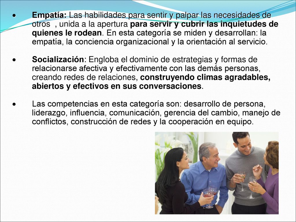 Empatía: Las habilidades para sentir y palpar las necesidades de otros , unida a la apertura para servir y cubrir las inquietudes de quienes le rodean. En esta categoría se miden y desarrollan: la empatía, la conciencia organizacional y la orientación al servicio.