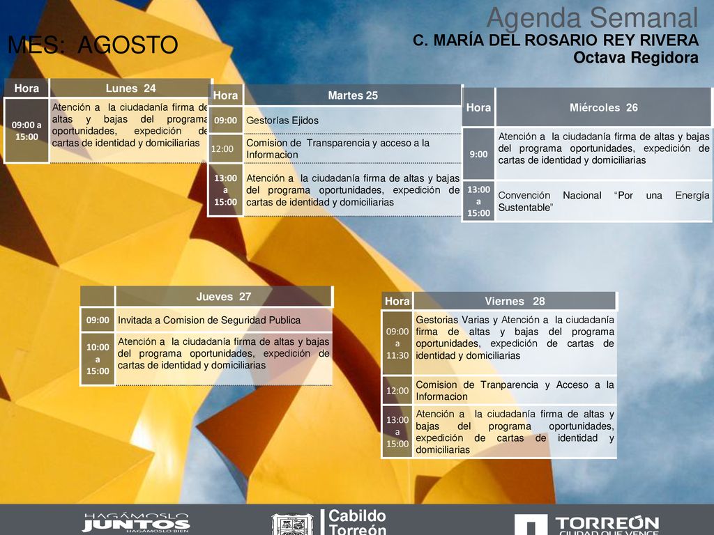Agenda Semanal MES: AGOSTO C. MARÍA DEL ROSARIO REY RIVERA
