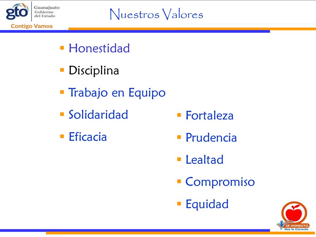 Nuestros Valores Honestidad. Disciplina. Trabajo en Equipo. Solidaridad. Eficacia. Fortaleza. Prudencia.