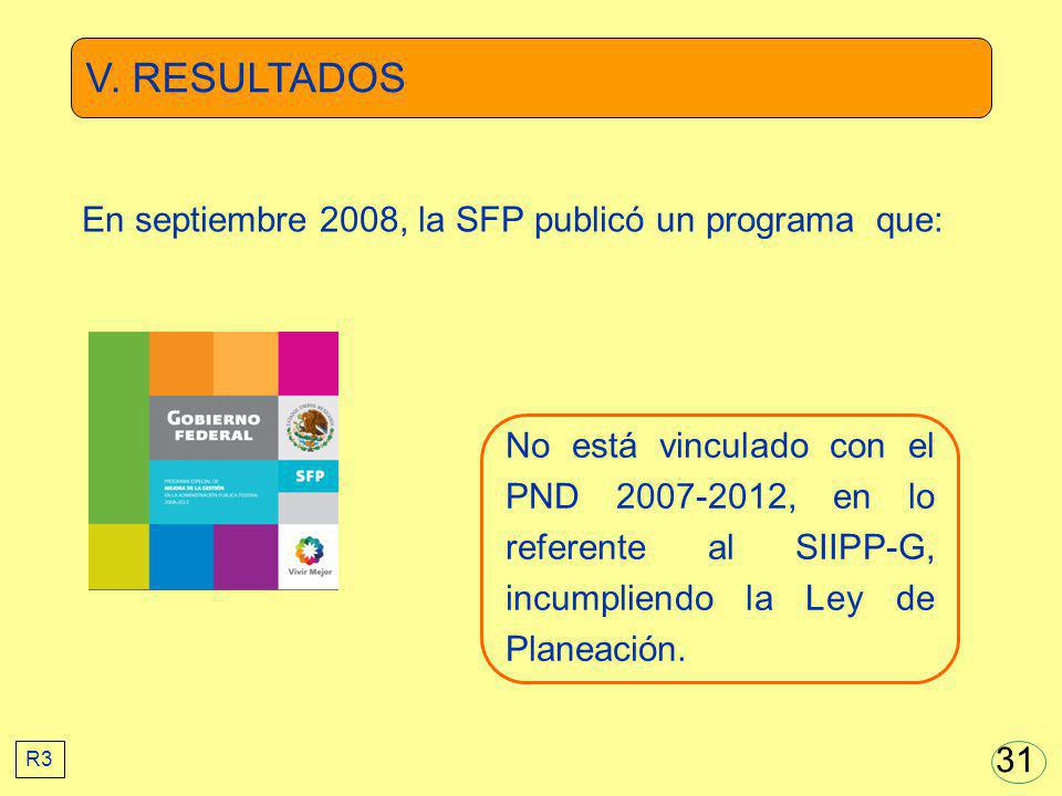 V. RESULTADOS En septiembre 2008, la SFP publicó un programa que: