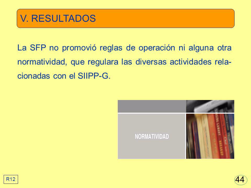 V. RESULTADOS La SFP no promovió reglas de operación ni alguna otra normatividad, que regulara las diversas actividades rela-cionadas con el SIIPP-G.