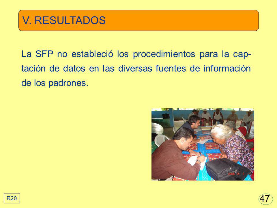 V. RESULTADOS La SFP no estableció los procedimientos para la cap-tación de datos en las diversas fuentes de información de los padrones.