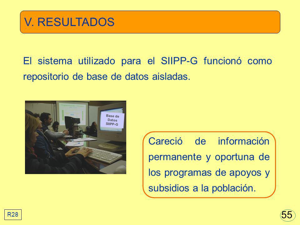 V. RESULTADOS El sistema utilizado para el SIIPP-G funcionó como repositorio de base de datos aisladas.