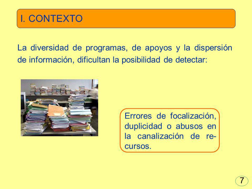 I. CONTEXTO La diversidad de programas, de apoyos y la dispersión de información, dificultan la posibilidad de detectar: