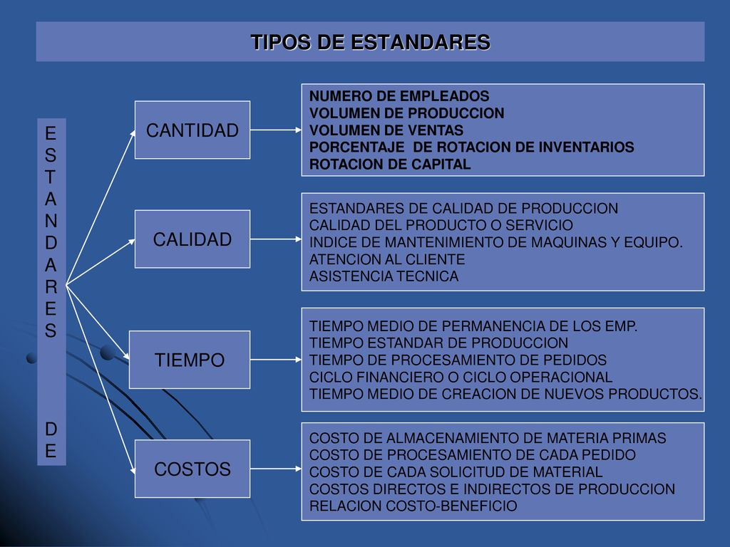 TIPOS DE ESTANDARES CANTIDAD ESTANDARES CALIDAD DE TIEMPO COSTOS