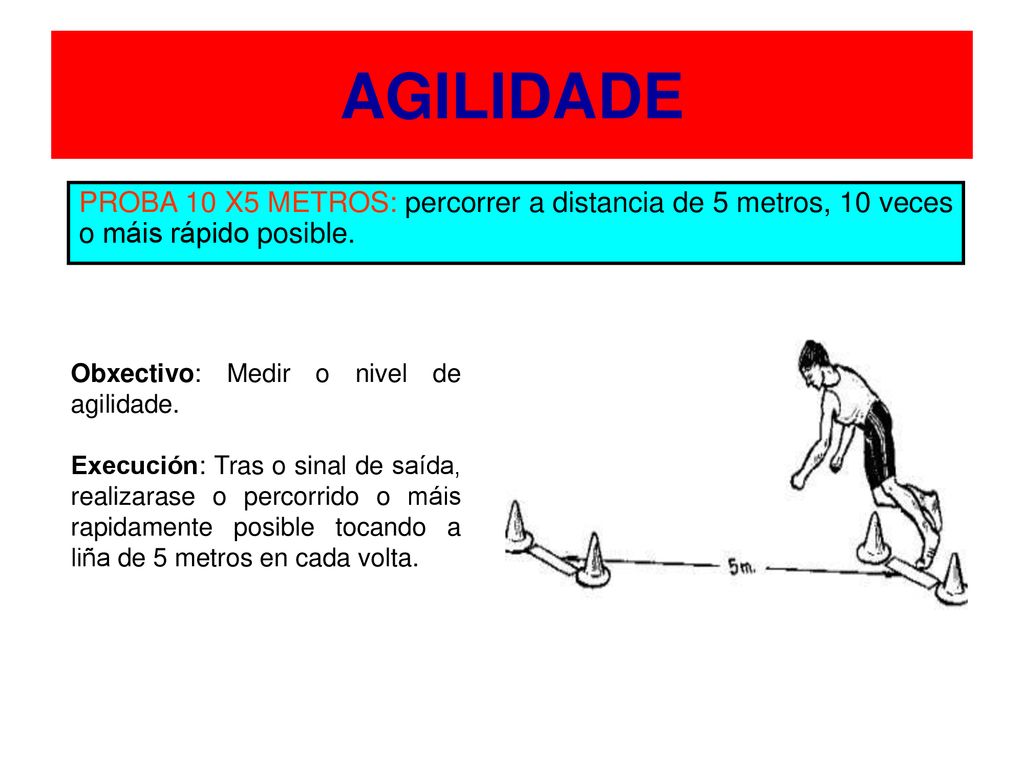 AGILIDADE PROBA 10 X5 METROS: percorrer a distancia de 5 metros, 10 veces o máis rápido posible. Obxectivo: Medir o nivel de agilidade.