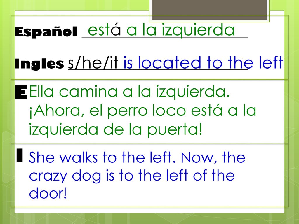 E I está a la izquierda s/he/it is located to the left
